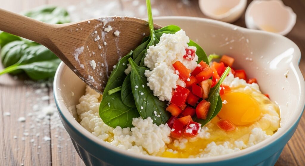 Mixing vegetables with cottage cheese filling for a protein-rich casserole.