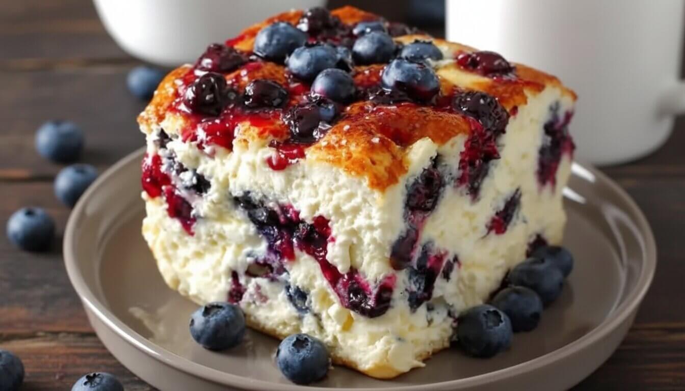 Overhead view of a golden Blueberry Cheesecake Breakfast Bake with fresh blueberries.