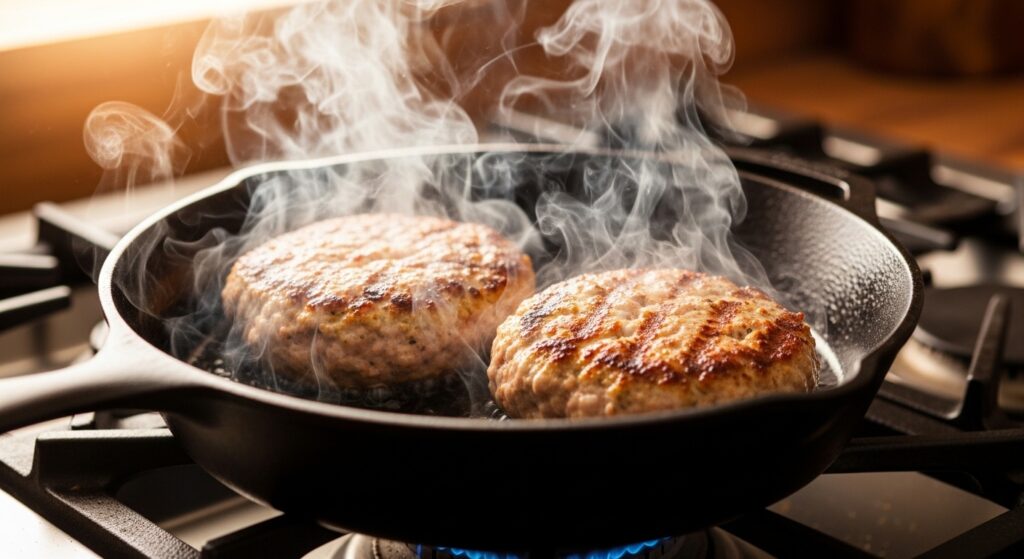 Juicy turkey burger patties pan-seared in a cast-iron skillet for a Mediterranean-style burger bowl.
