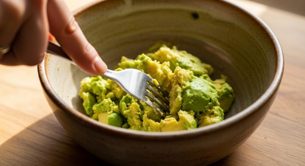 Smashed avocado mixture being prepared in a bowl for bruschetta.