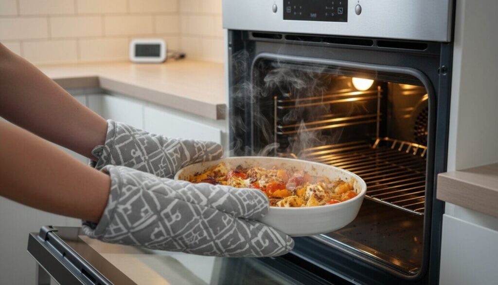 Freshly baked halloumi orzo dish coming out of the oven.