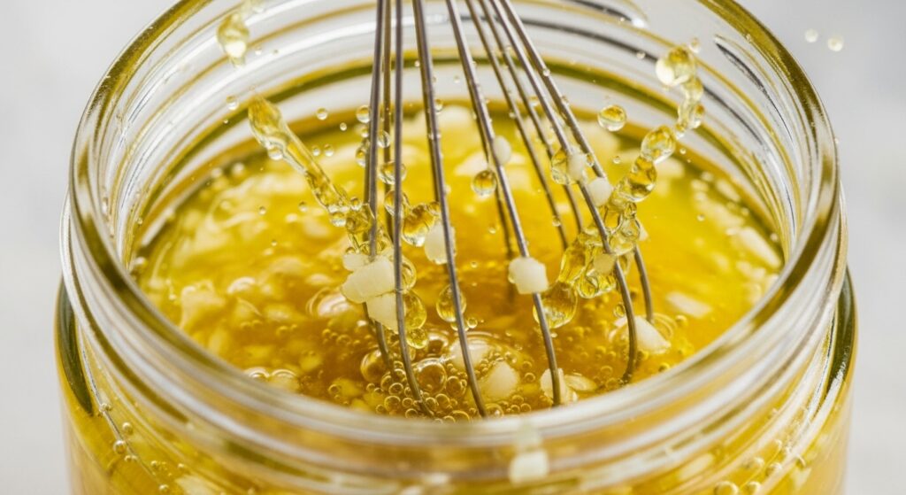 Whisking a lemon garlic vinaigrette dressing for Mediterranean salad.