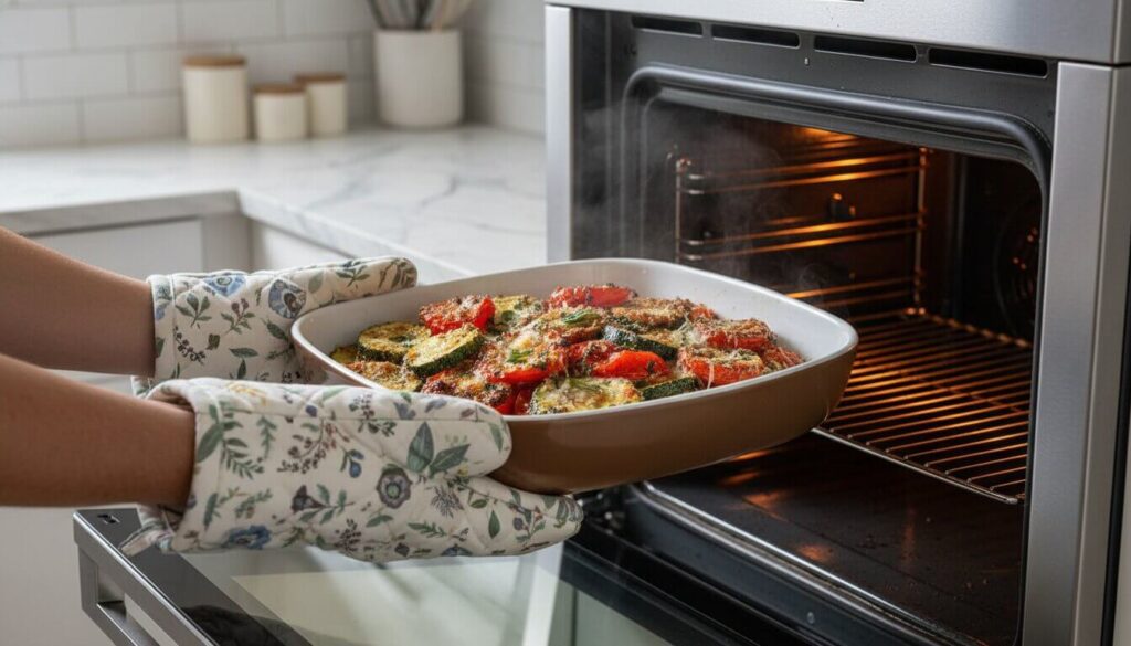 Freshly baked zucchini and tomato casserole coming out of the oven.