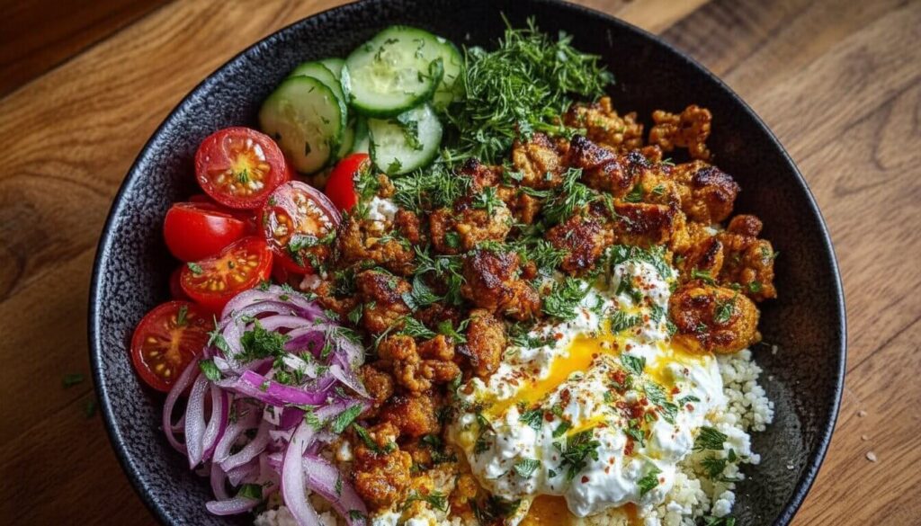 Close up of a Mediterranean Ground Chicken Bowl with hot honey feta cream and fresh vegetables.