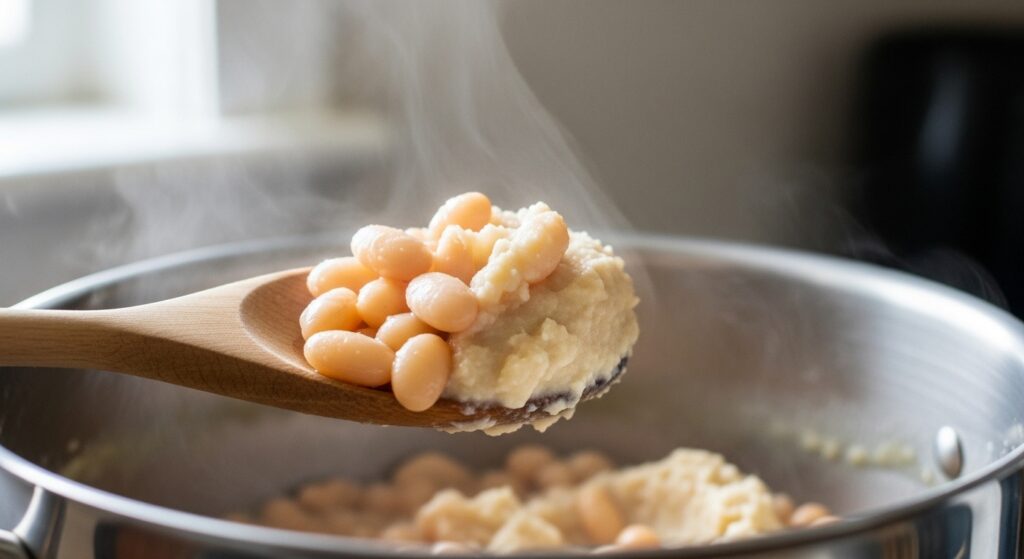 Mashing cannellini beans in a pot to thicken the soup broth.