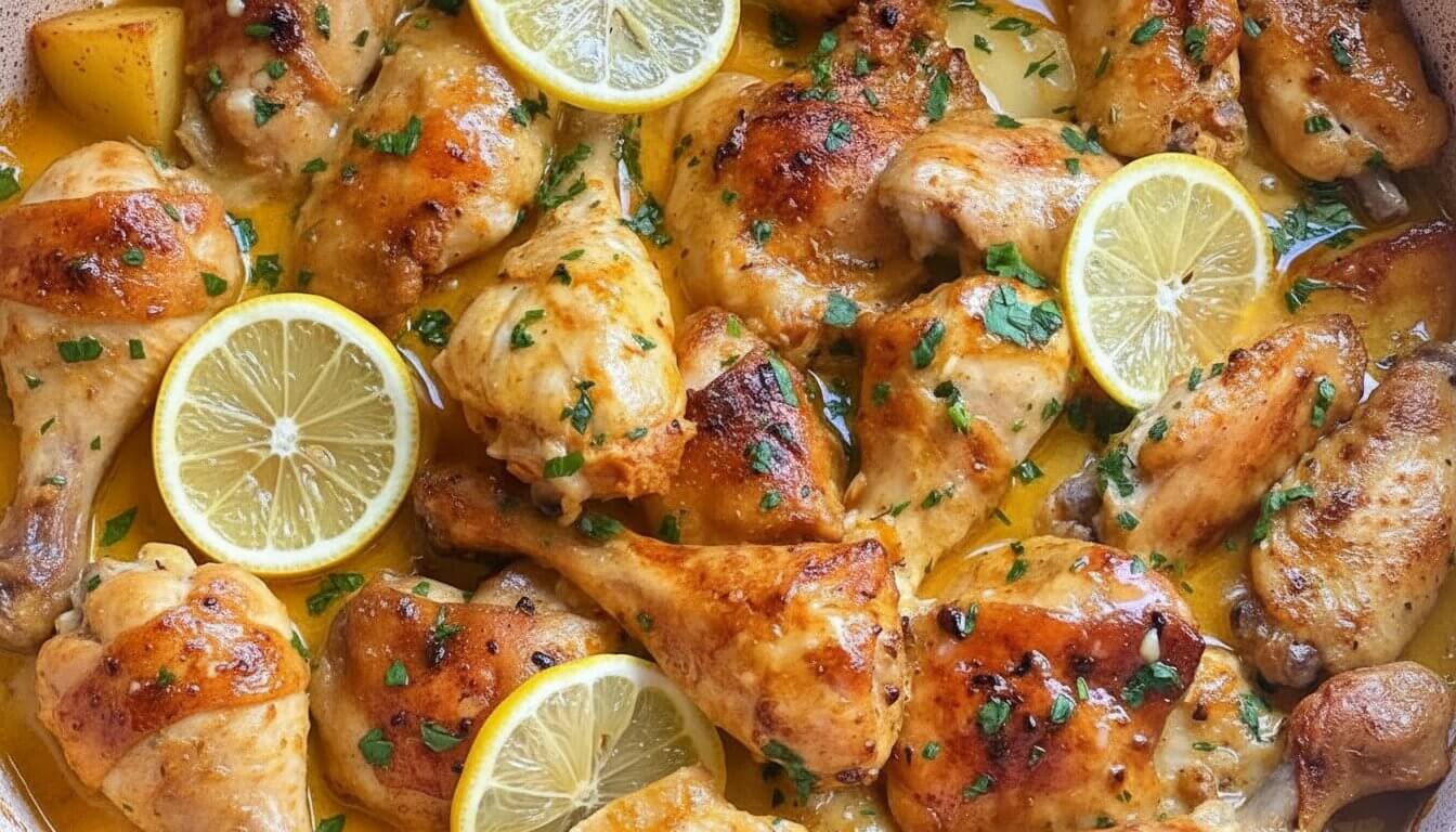Lebanese lemon garlic chicken and potatoes baked with lemon slices and parsley in a skillet.