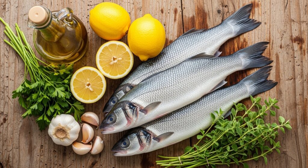 Ingredients for lemon garlic sea bass including fresh herbs and olive oil.