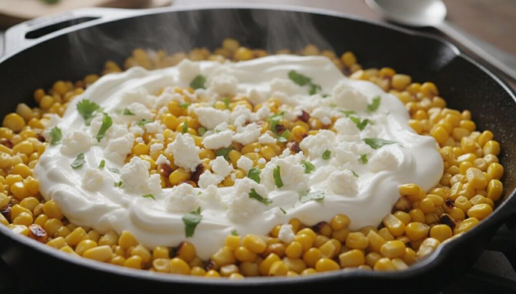 Making the Mediterranean street corn topping with Greek yogurt and feta.