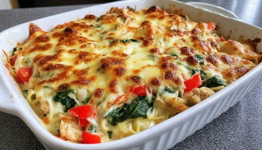Close up of golden brown Mediterranean Cheesy Spinach and Chicken Casserole.