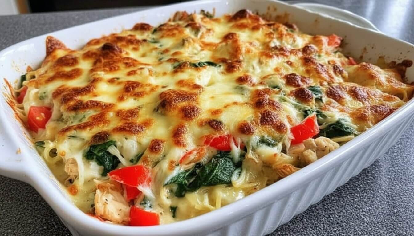 Close up of golden brown Mediterranean Cheesy Spinach and Chicken Casserole.