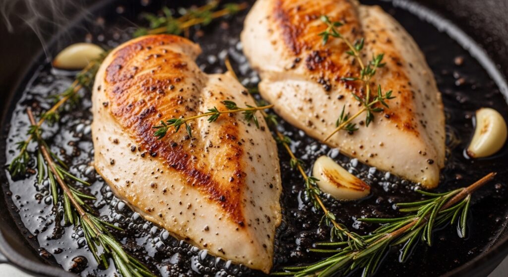 Searing chicken in a pan for Mediterranean lemon garlic dish.