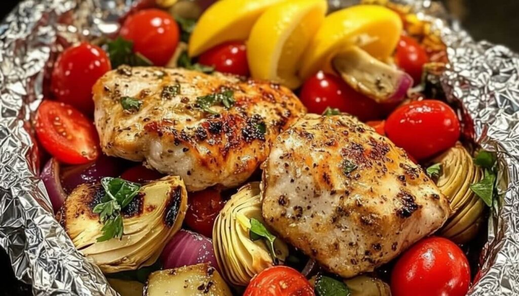 Mediterranean Grilled Chicken with Roasted Vegetables in a foil packet.