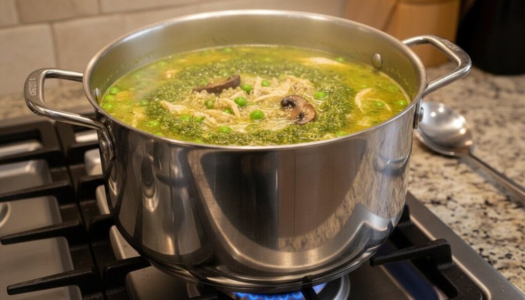Green chicken soup simmering in a pot with quinoa and mushrooms.