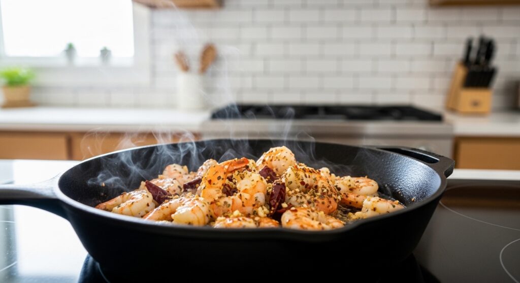 Fresh ingredients for Cajun shrimp rice bowl including bell peppers and spices.