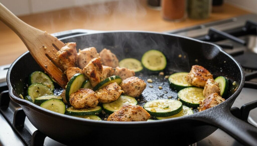 Sautéing chicken and zucchini in a skillet with Mediterranean spices.