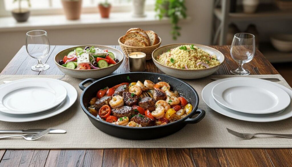Mediterranean steak and shrimp skillet served with couscous and salad.