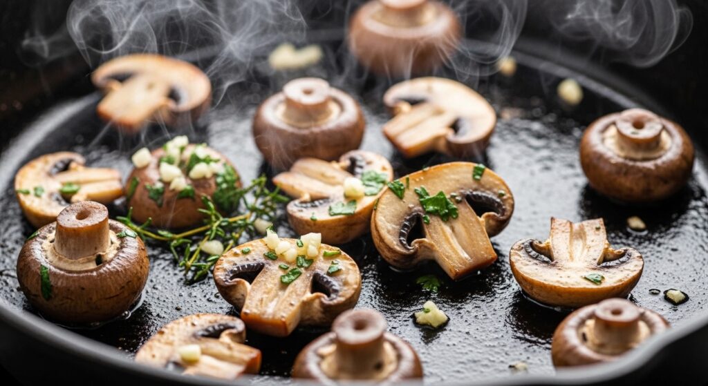 Sautéing mushrooms and garlic in a pan for toast topping.