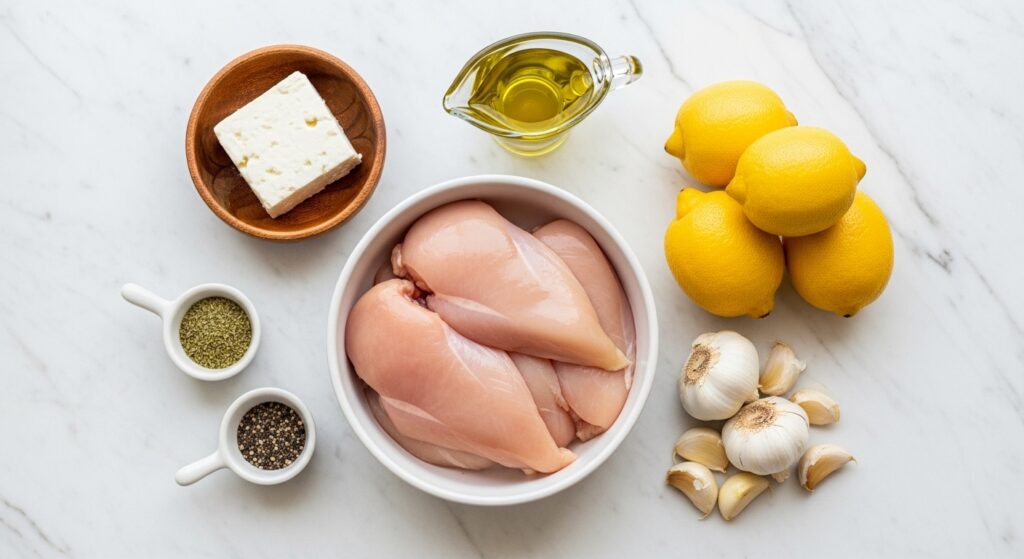 Ingredients for Greek lemon chicken recipe including chicken, olive oil, lemons, garlic, and feta.