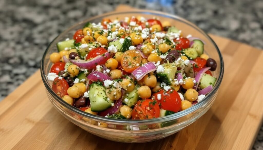 Fresh Greek Chickpea Salad with feta, olives, and cucumbers in a white bowl.