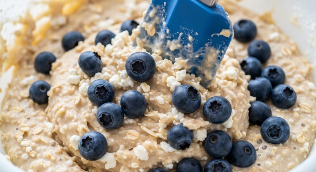 Folding fresh blueberries into cottage cheese and oat batter in a glass bowl.
