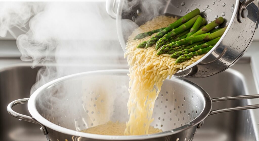 Blanching asparagus and orzo together in a pot of boiling water.