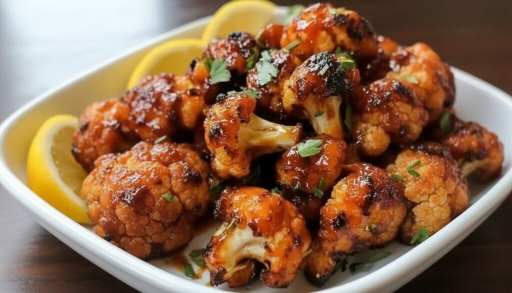 A plate of crispy Maple Sriracha Roasted Cauliflower with parsley garnish.