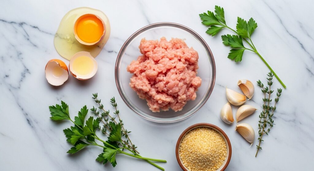 Ingredients for ground chicken meatballs recipe including garlic, herbs, and breadcrumbs.