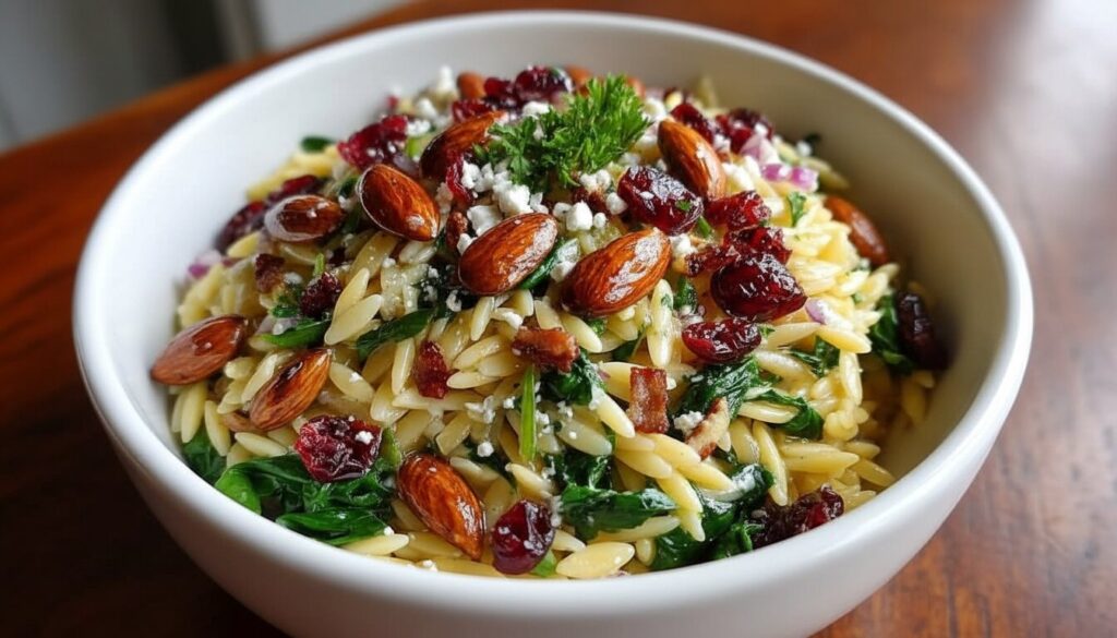 Spinach and Orzo Pasta Salad with Cranberries and Almonds in a white bowl.