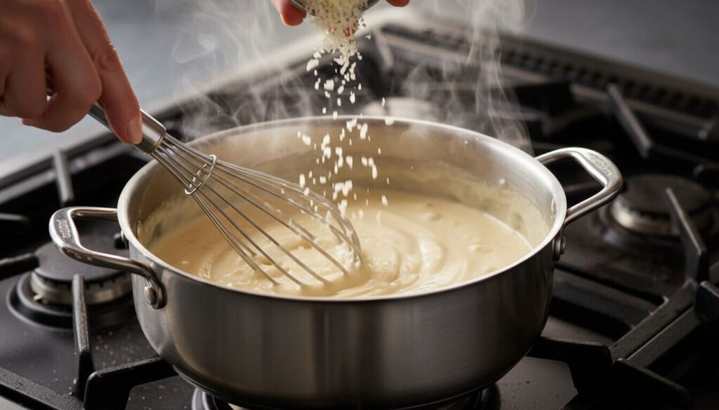 Creamy cheese sauce being whisked in a pan for zucchini gratin.