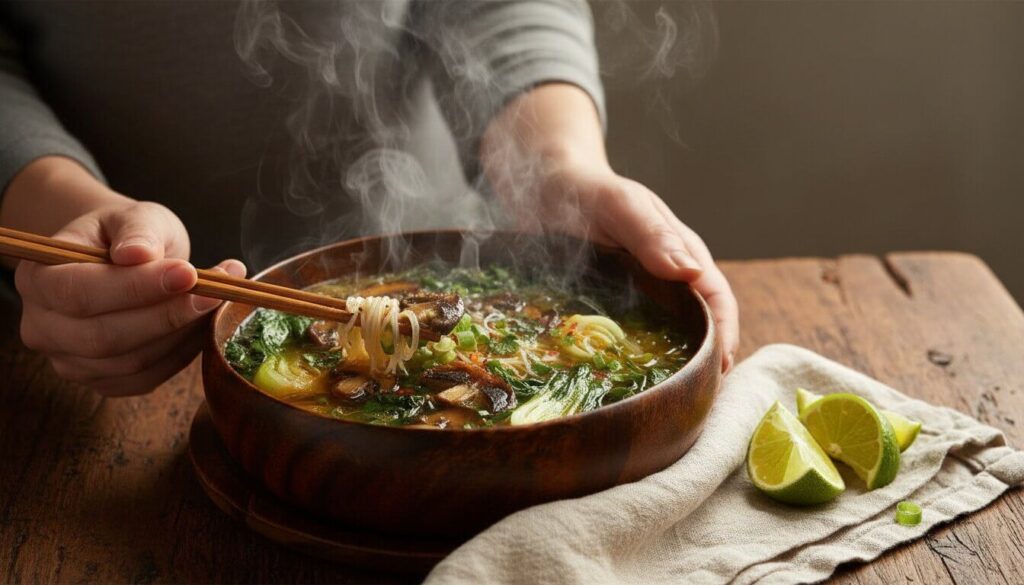 A comforting bowl of healthy Mediterranean noodle soup being served for a sick day.
