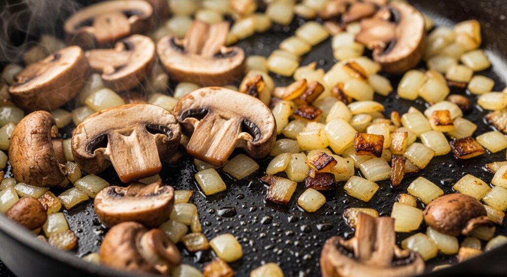 Sautéing mushrooms and onions in olive oil for a chicken casserole.