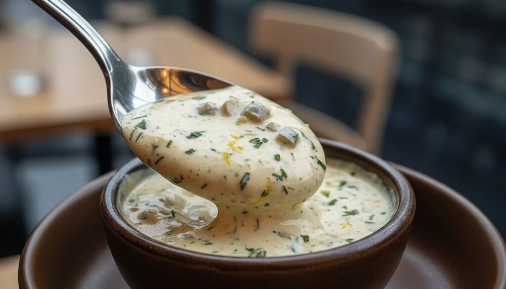 Close-up of creamy herb sauce for fish with dill and pickles.