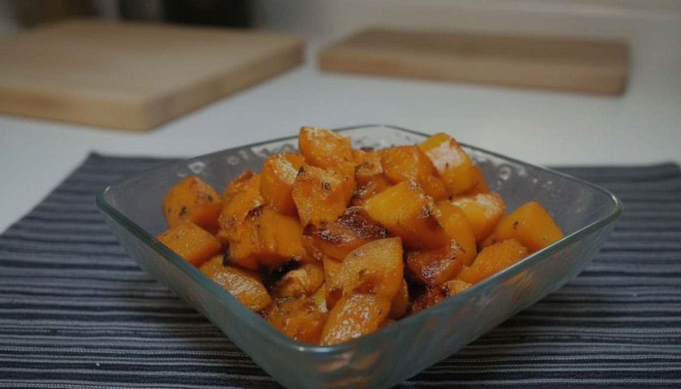 Crispy Mediterranean roasted sweet potato cubes on a baking sheet.