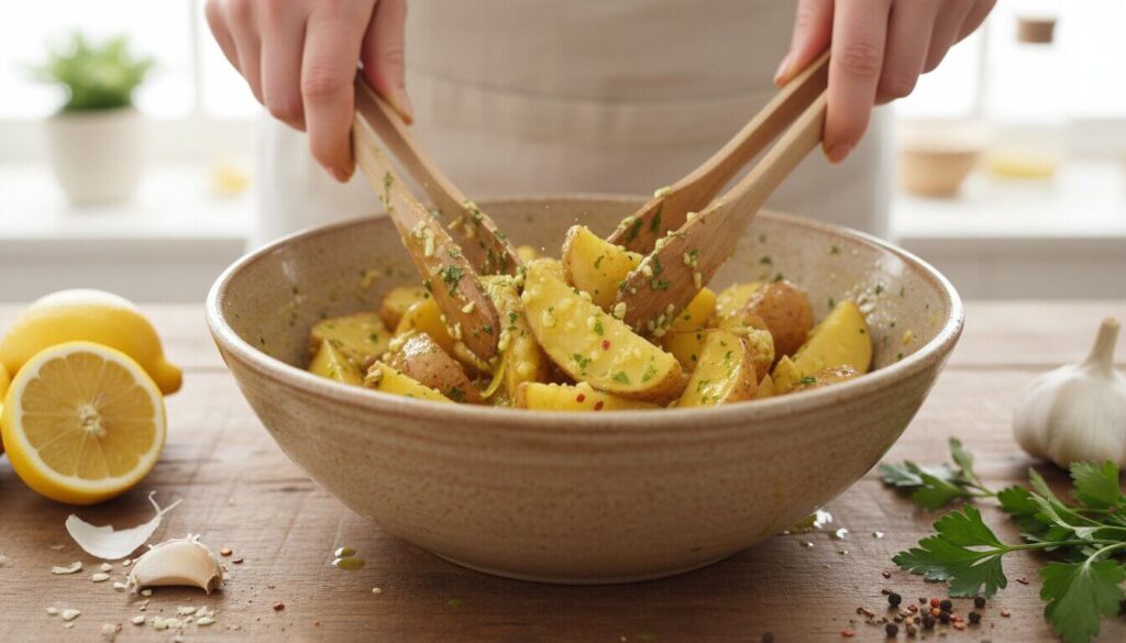 Tossing potato wedges in a bowl with lemon garlic marinade for Greek potatoes.