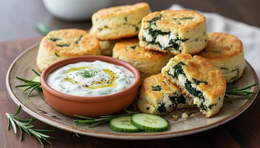 spinach feta cookies paired with creamy greek tzatziki dip.