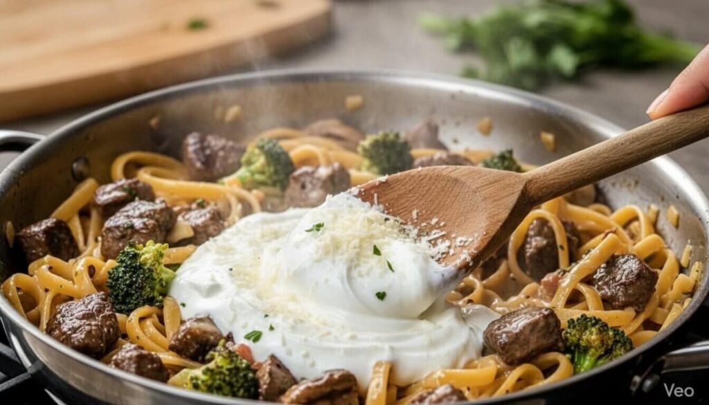 Mixing Greek yogurt and Parmesan to make a healthy creamy pasta sauce.