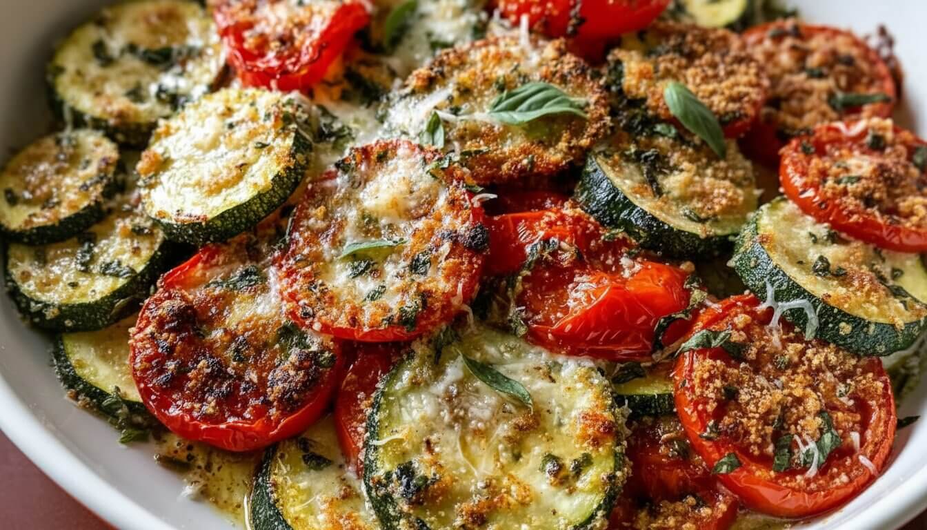 Close-up of Roasted Garlic-Parmesan Zucchini and Tomato Bake in a white dish.