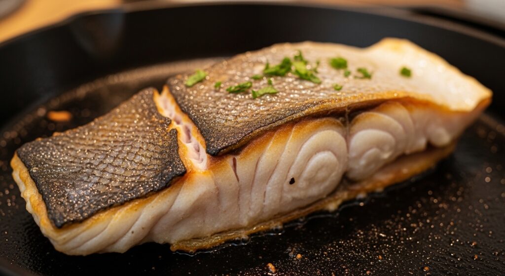 Close-up of sea bass skin sizzling in a pan for a crispy texture.
