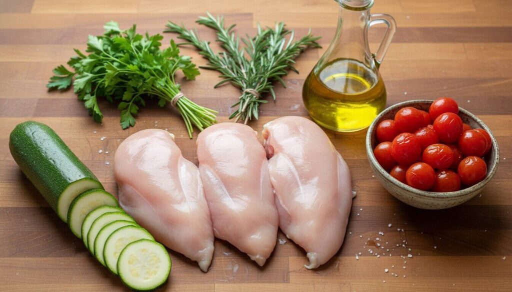 Fresh ingredients for a Mediterranean chicken bake.