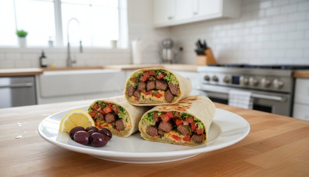 Two halves of a Mediterranean beef wrap with avocado on a serving plate.