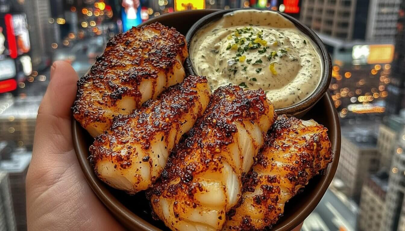 Crispy air fryer cod with creamy herb sauce served in a bowl with lemon.