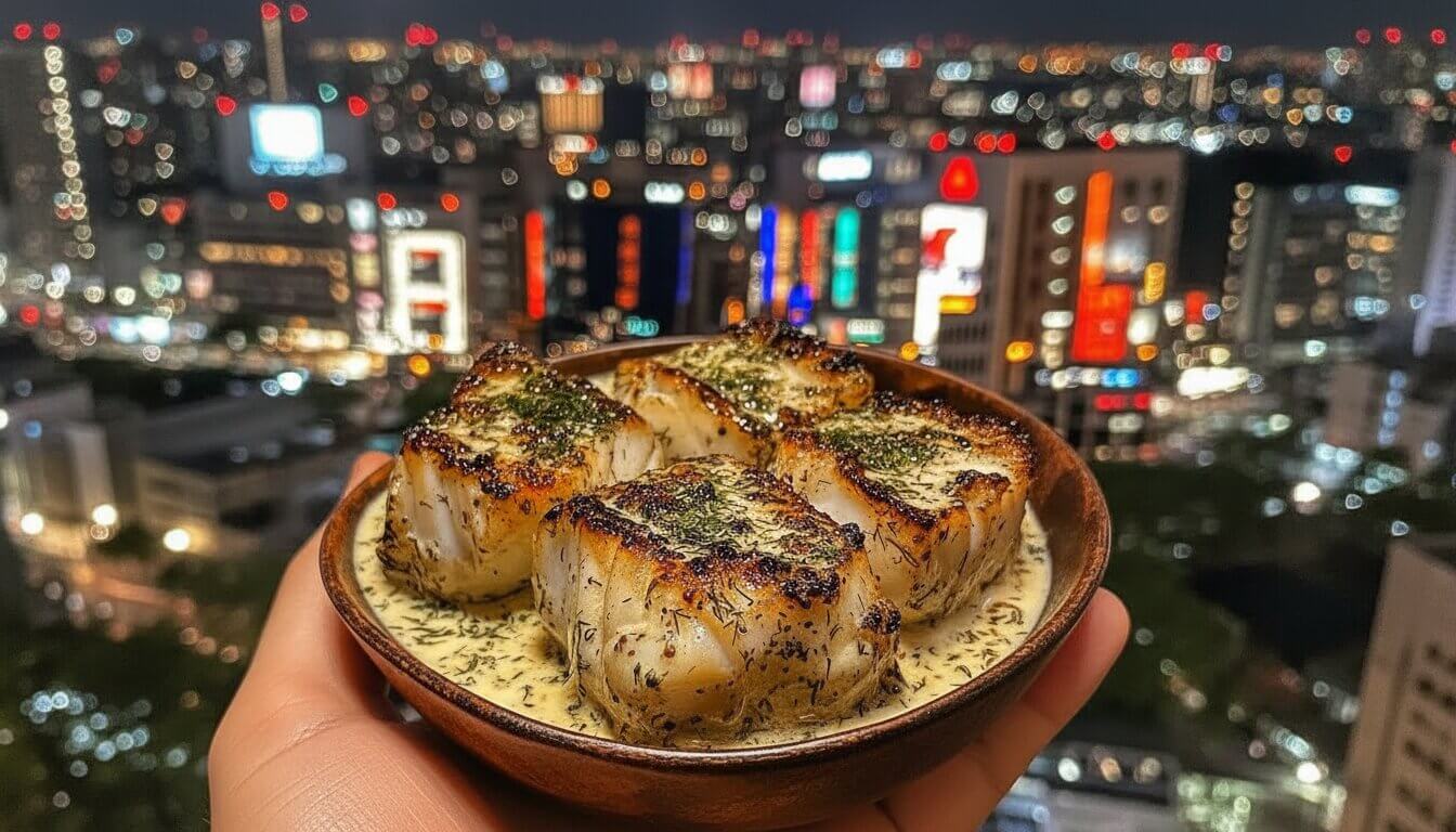 Lemon Butter Cod Cubes with Dill Cream Sauce in a bowl garnished with fresh dill.