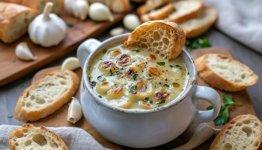 A bowl of Mediterranean Country French Garlic Soup with toasted bread and parsley.