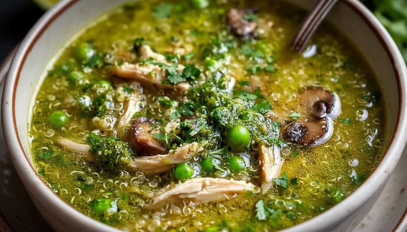 A bowl of Green Chicken Quinoa Soup garnished with lime and cilantro.