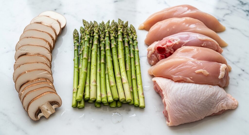 Raw ingredients for Mediterranean chicken and asparagus pasta.
