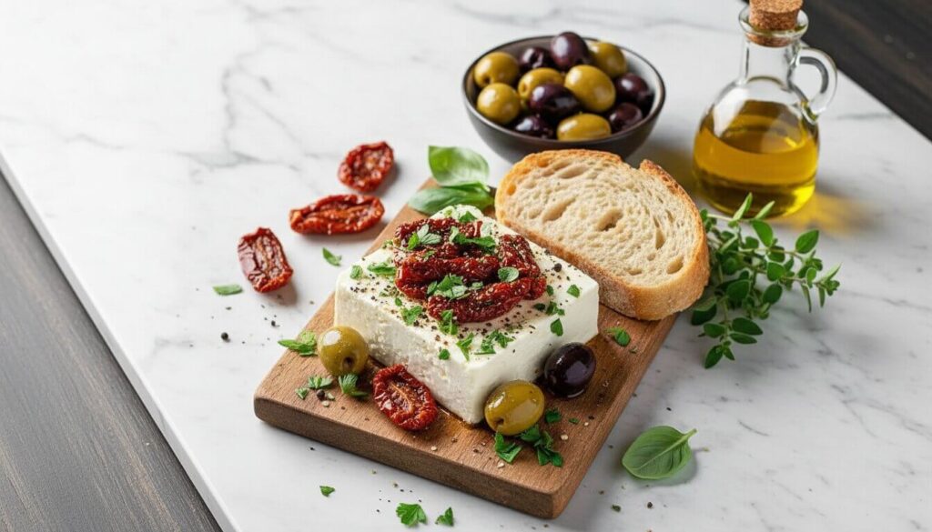 Raw ingredients for baked feta with olives and sun-dried tomatoes on a marble background.