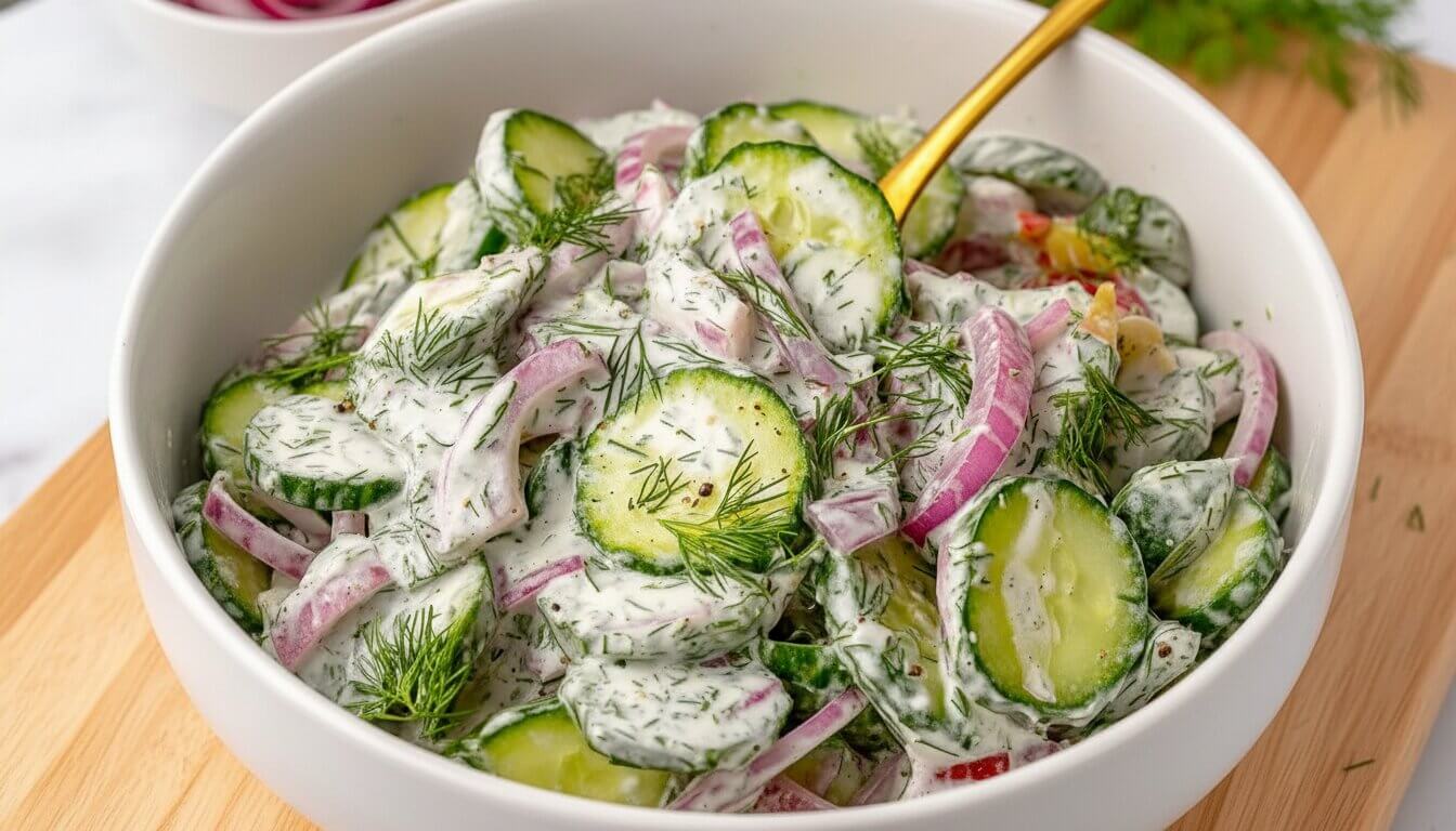 A bowl of creamy Mediterranean yogurt cucumber salad with fresh dill and red onions.