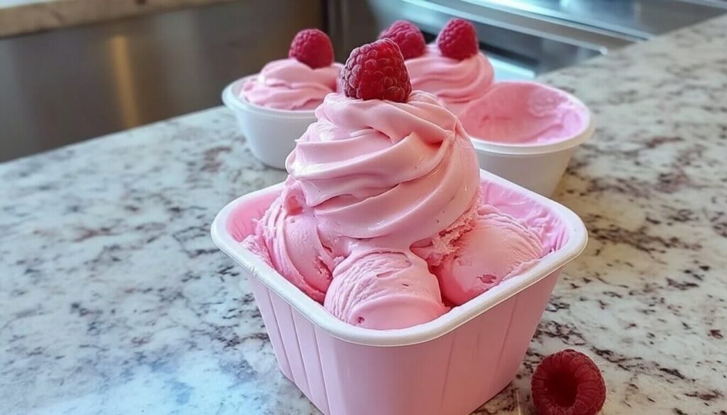 Mediterranean Zero-Point Strawberry Ice Cream in a white bowl with fresh garnishes.