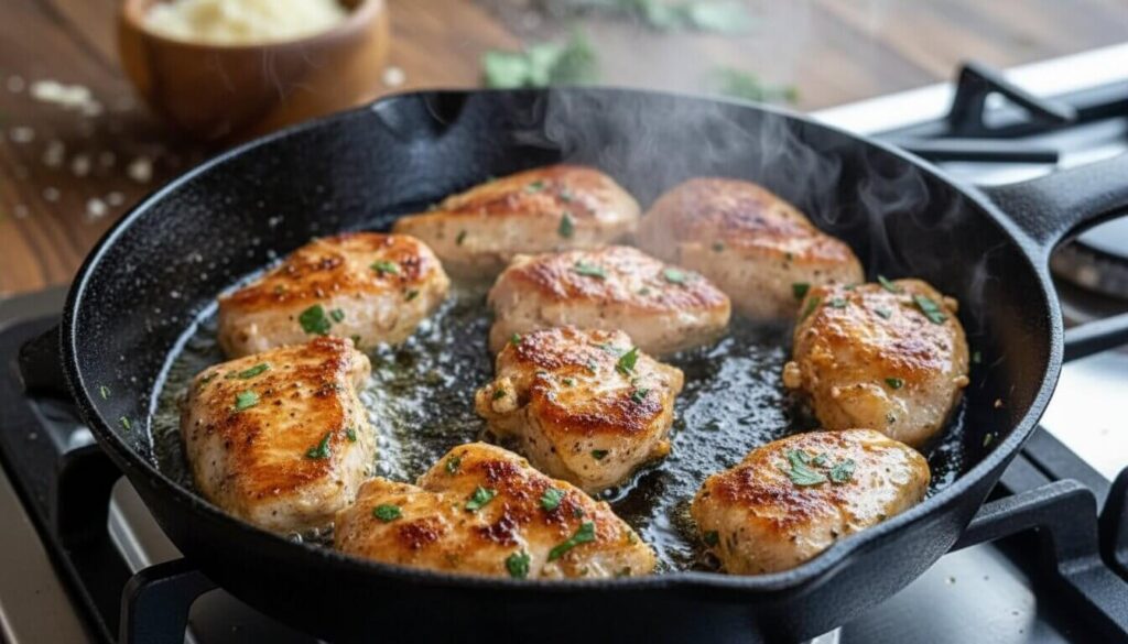 Searing bite-sized chicken chunks in a skillet for a Mediterranean recipe.