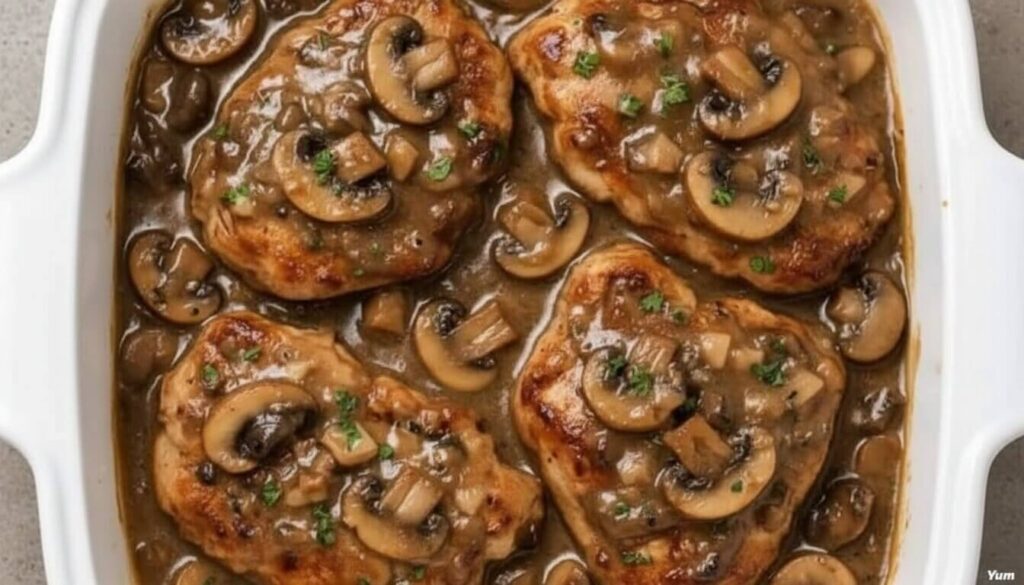 Braised Chicken Medallions in a Savory Mushroom Velouté garnished with parsley in a white dish.